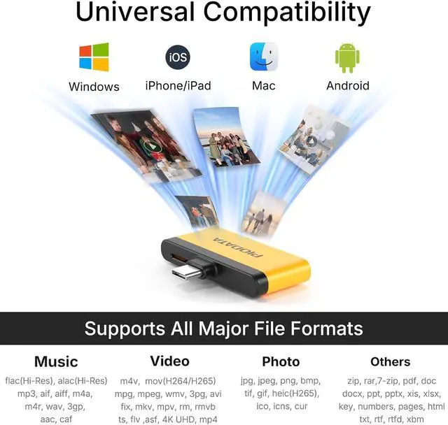 Alt view image 7 of 7 - Micro SD Card Reader for iPhone 17/16/15 iPad Android Mac PC Laptop USB C Memory Card Reader Adapter Auto Photo Backup While Charging MFi Photo Stick iXflash Q w/Free App Yellow