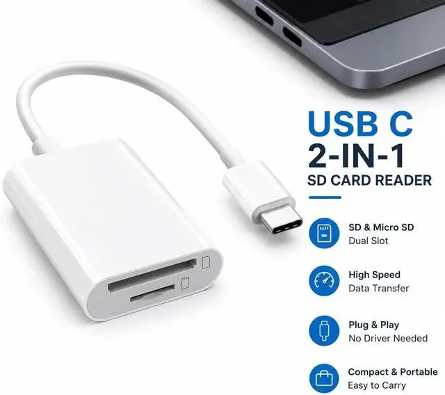 Alt view image 6 of 6 - 2-in-1 USB-C SD & MicroSD Card Reader for iPhone 17/16/15 iPad MacBook Pro/Air Android & PC Plug & Play Adapter Supports SD/TF Cards up to 512 GB | Fast 16 MB/s Transfer Speed | White