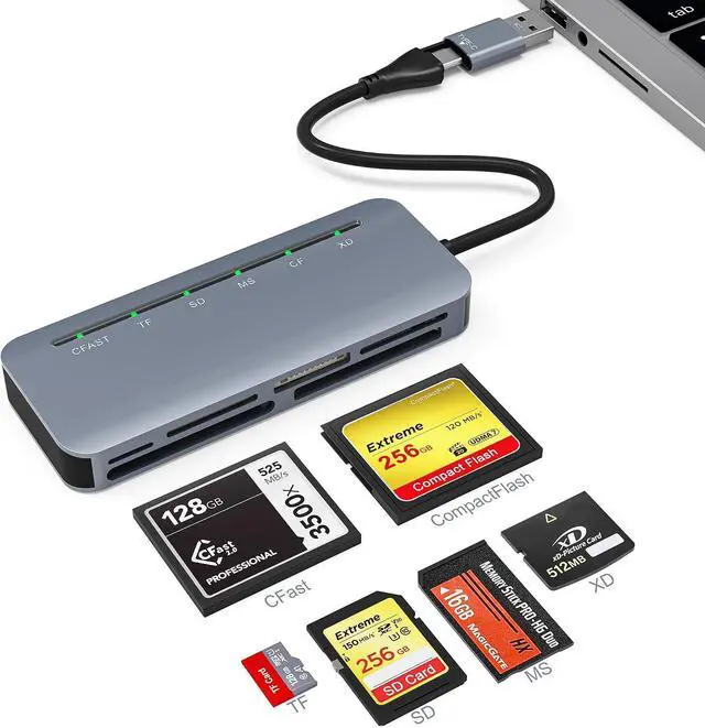 Main image of 6-in-1 CFast 2.0 Card Reader USB 3.0 5Gbps | Simultaneous Read for CFast/CF/SD/TF/MS/xD | Aluminum Alloy | Dual USB-C & USB-A | for iPhone 15/16/17 Android MacBook PC