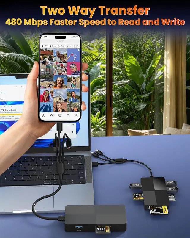 Alt view image 4 of 7 - 8-in-1 Memory Card Reader with Lightning USB-C USB-A Connectors Memory Stick pro Duo Adapter Readers for SD/TF/MS/CF/XD Cards with 3 USB 2.0 Ports XD Picture Card Reader for iPhone/iPad/Android/PC