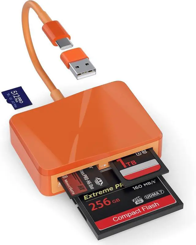 Main image of SD Card Reader 4 in 1 USB C to SD/TF/CF/MS Card Reader with USB to USB C Adapter Memroy Card Reader for iPhone 17/16/15 Pro Max iPad Pro MacBook Pro/Air iMac M4/M3 Android Phone/Tablet PC (Orange)