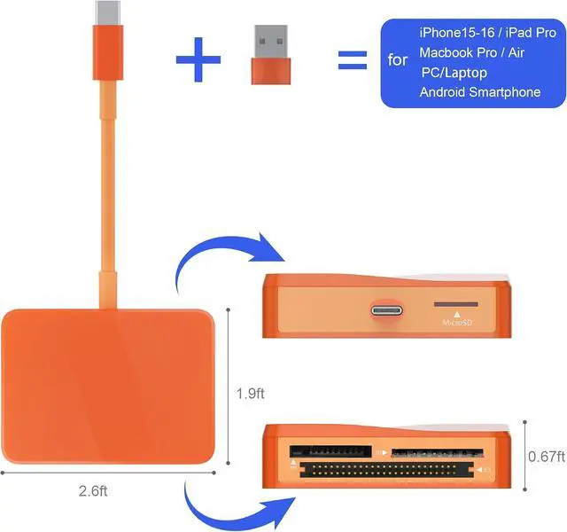 Alt view image 4 of 7 - SD Card Reader 4 in 1 USB C to SD/TF/CF/MS Card Reader with USB to USB C Adapter Memroy Card Reader for iPhone 17/16/15 Pro Max iPad Pro MacBook Pro/Air iMac M4/M3 Android Phone/Tablet PC (Orange)