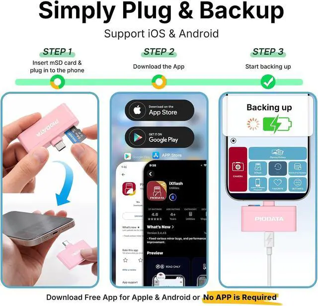 Alt view image 4 of 7 - Micro SD Card Reader for iPhone 17/16/15 iPad Android Mac PC Laptop USB C Memory Card Reader Adapter Auto Photo Backup While Charging MFi Photo Stick iXflash Q w/Free App Pink
