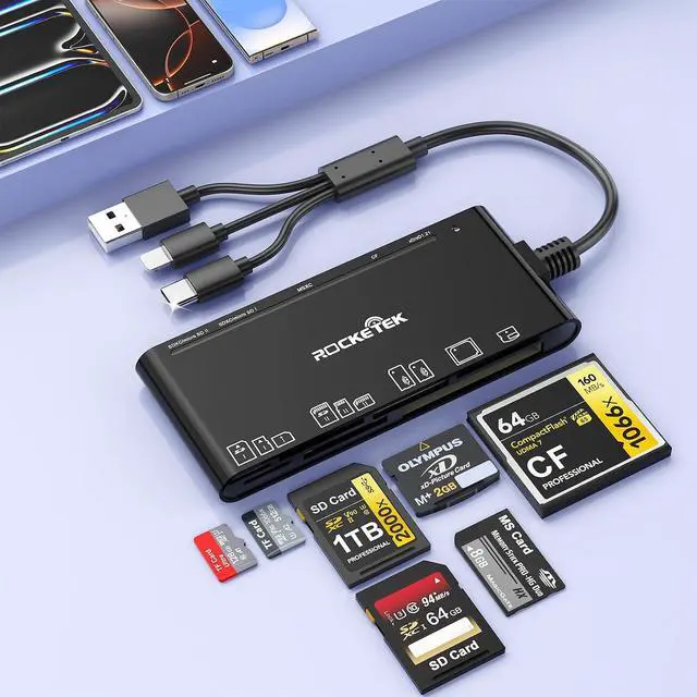 Main image of USB-C/USB3.0/Lightning Multi Card Reader Hub for SD CF Micro SD XD MS Cards | 5Gbps High-Speed Transfer Reader Adapter Plug&Play Compatible with iPhone//Windows/Mac/Linux for Photographer Vlogger