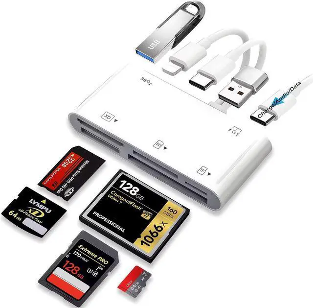 Main image of 9-in-1 SD/MicroSD/CF/MS/XD Card Reader Portable Trail Camera Viewer | Plug & Play Memory Card Reader with USB OTG & PD Fast Charge Works with Cameras/Drones Compatible with iPhone/iPad/Android