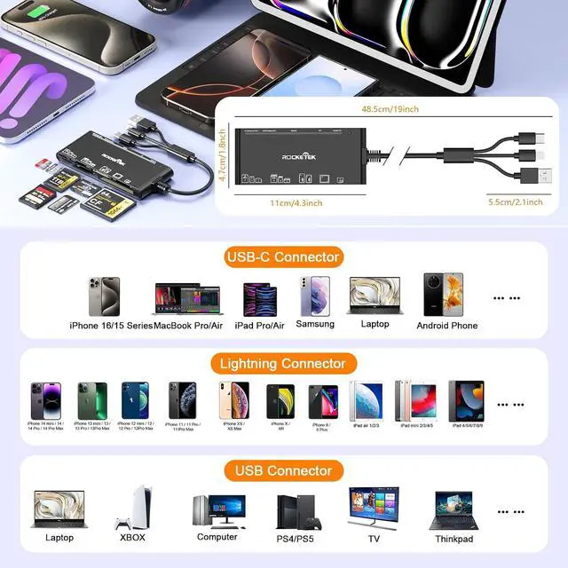 Alt view image 4 of 7 - USB-C/USB3.0/Lightning Multi Card Reader Hub for SD CF Micro SD XD MS Cards | 5Gbps High-Speed Transfer Reader Adapter Plug&Play Compatible with iPhone//Windows/Mac/Linux for Photographer Vlogger