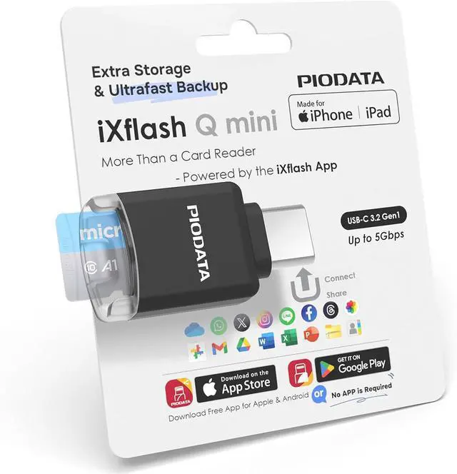Main image of Micro SD Card Reader for iPhone 17/16/15 iPad Android Mac PC Laptop USB C Memory Card Reader adapter Auto Photo Backup MFi Photo stick Phone Drive iXflash Q mini w/Free App Black