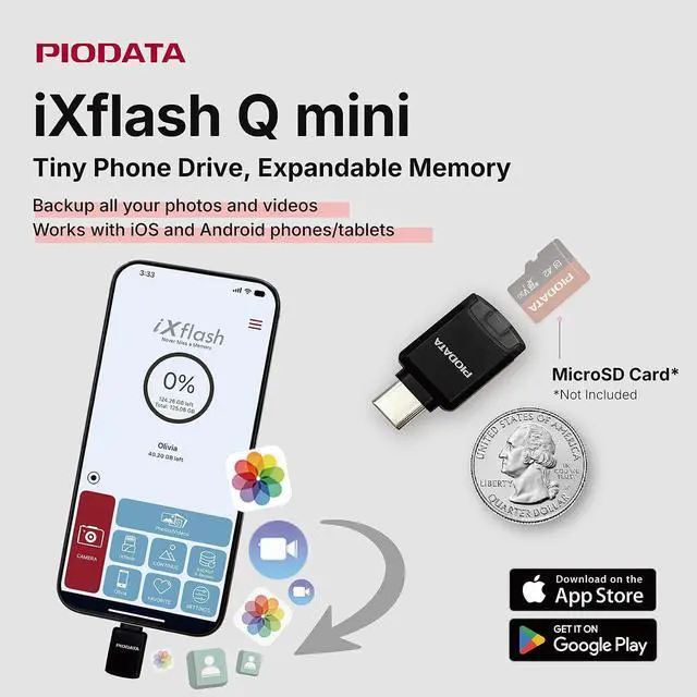 Alt view image 3 of 7 - Micro SD Card Reader for iPhone 17/16/15 iPad Android Mac PC Laptop USB C Memory Card Reader adapter Auto Photo Backup MFi Photo stick Phone Drive iXflash Q mini w/Free App Black