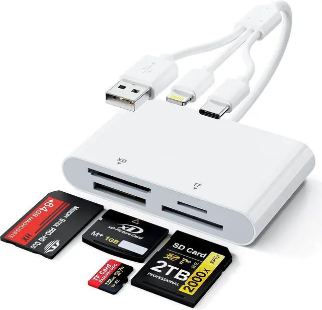 Main image of 4-in-1 Multi Card Reader Memory Stick Pro Duo Adapter SD/Micro SD/MS/XD Picture Card Reader with Lightning/USB-C/USB-A Port Compatible with iPhone 16/15/14 iPad MacBook Android Camera & PC