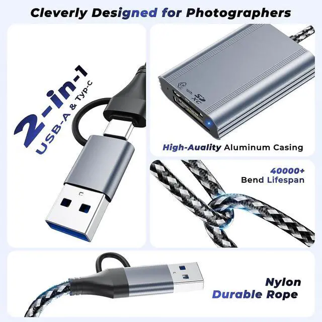 Alt view image 6 of 7 - 2IN1 CFexpress Type B & SD Card Reader USB3.2 10Gbps Dual Slot Card Reader - USB-C + USB-A CFe Type B & SD Memory Card Reader Adapter for Windows/Mac/Android Ideal for Photographers and Videographer