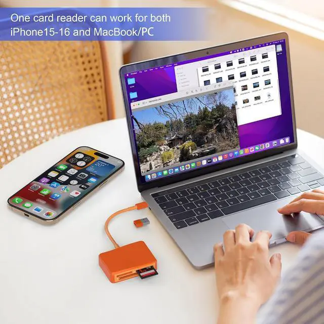 Alt view image 6 of 7 - SD Card Reader 4 in 1 USB C to SD/TF/CF/MS Card Reader with USB to USB C Adapter Memroy Card Reader for iPhone 17/16/15 Pro Max iPad Pro MacBook Pro/Air iMac M4/M3 Android Phone/Tablet PC (Orange)