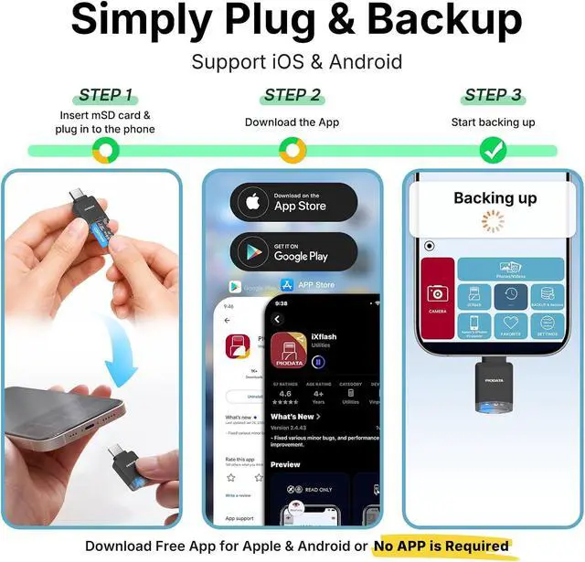 Alt view image 5 of 7 - Micro SD Card Reader for iPhone 17/16/15 iPad Android Mac PC Laptop USB C Memory Card Reader adapter Auto Photo Backup MFi Photo stick Phone Drive iXflash Q mini w/Free App Black