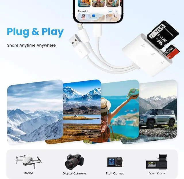 Alt view image 6 of 7 - SD Card Reader XD Card Reader for iPhone 3 in 1 SD/TF/XD Picture Reader for Lightning/USB C/USB A Device Lightning+USB A+USB C TF Card Adapter for iPhone 17/16/15/14/13/iPad/PC/Android
