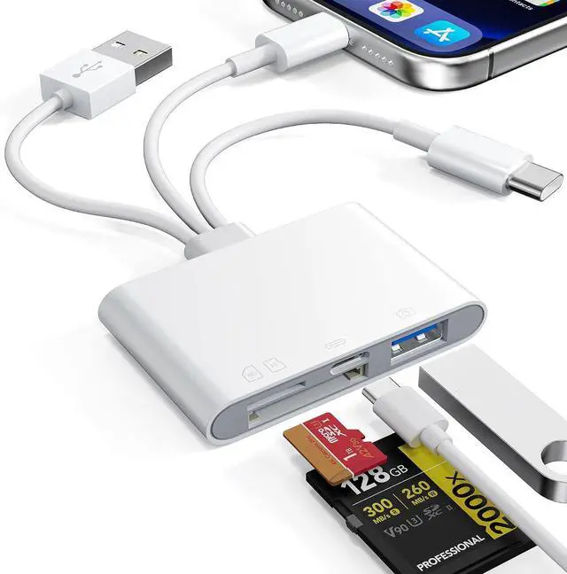 Main image of 4 in 1 SD Card Reader for iPhone USB-C/Lightning/USB-A OTG Adapter Fast Photo Transfer from Digital Camera SD/TF Card to Phone SD/Micro SD Card Adapter for iPhone iPad Android USB Flash Drive