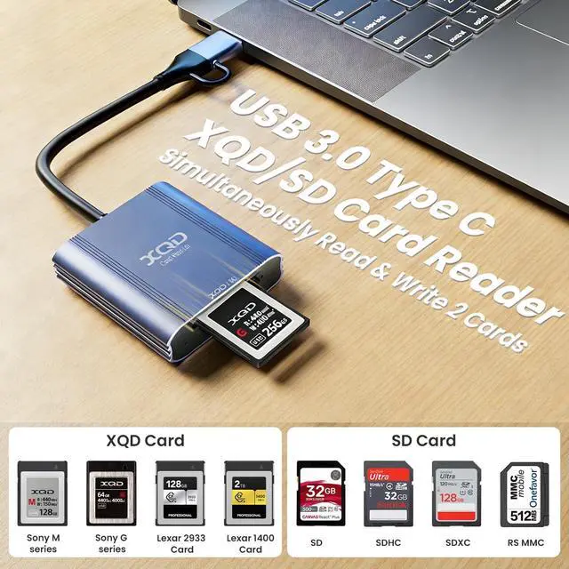 Alt view image 3 of 7 - XQD Card Reader - Aluminum 2 in 1 XQD/SD Memory Card Adapter for iPhone 17/16/15 Windows Mac OS Android 5Gpbs USB 3.0 XQD Reader Support Sony G/M Series Lexar 2933x/1400x USB Mark XQD Card