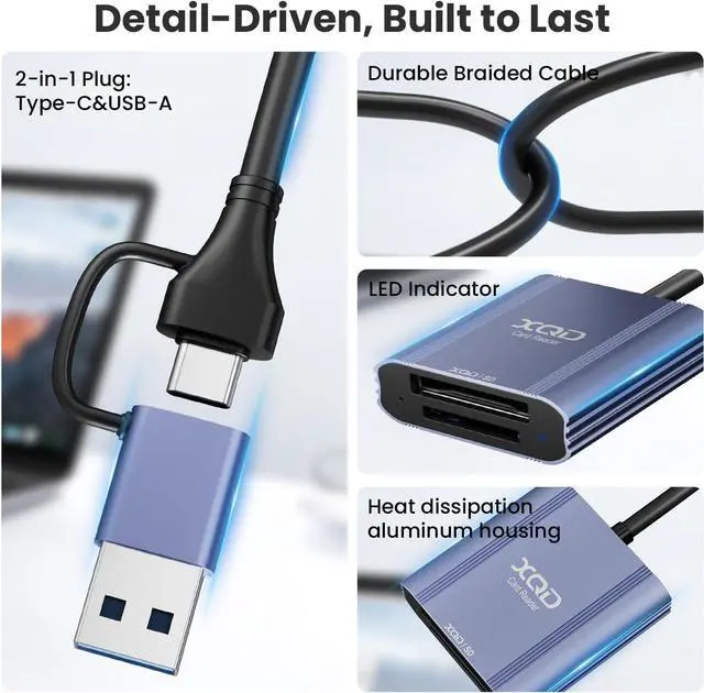 Alt view image 6 of 7 - XQD Card Reader - Aluminum 2 in 1 XQD/SD Memory Card Adapter for iPhone 17/16/15 Windows Mac OS Android 5Gpbs USB 3.0 XQD Reader Support Sony G/M Series Lexar 2933x/1400x USB Mark XQD Card