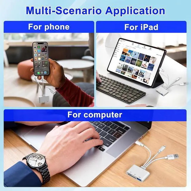 Alt view image 6 of 7 - 3 in 1 SD Card Reader for iPhone USB Camera Adapter with Lightning/USB-C/USB-A Memory Card Reader SD/Micro SD Card Adapter for iPhone iPad Android Mac PC Trail Game Camera