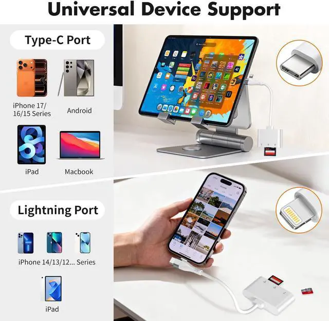 Alt view image 3 of 7 - XD Card Reader for iPhone 17 16 15 14 3-in-1 USB-C & Lightning SD Card Adapter for Olympus xD Picture Card Micro SD Reader for MacBook iPad Android Old Camera Photo Transfer