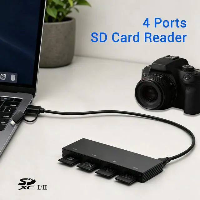 Alt view image 2 of 5 - 4-in-1 SD/Micro SD Card Reader Memory Card Adapter with USB-C & USB-A Ports Cable Simultaneous Read 4 Cards SD Card Viewer for Photographers and Content Creators