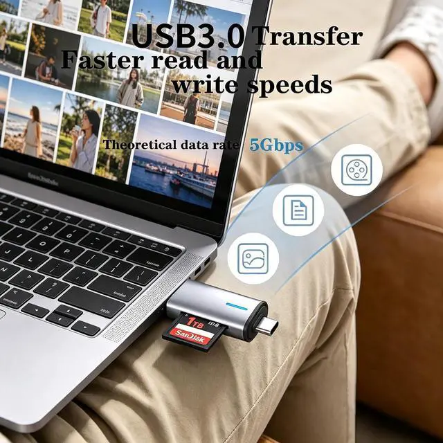 Alt view image 6 of 7 - SD Card Reader 2-in-1 USB-C 3.0 sd Card Reader for iPhone Dual Slot Adapter for MicroSD SDHC SDXC Memory Cards Compatible with iPhone 17/16/15 iPad Android Laptops and Computers.