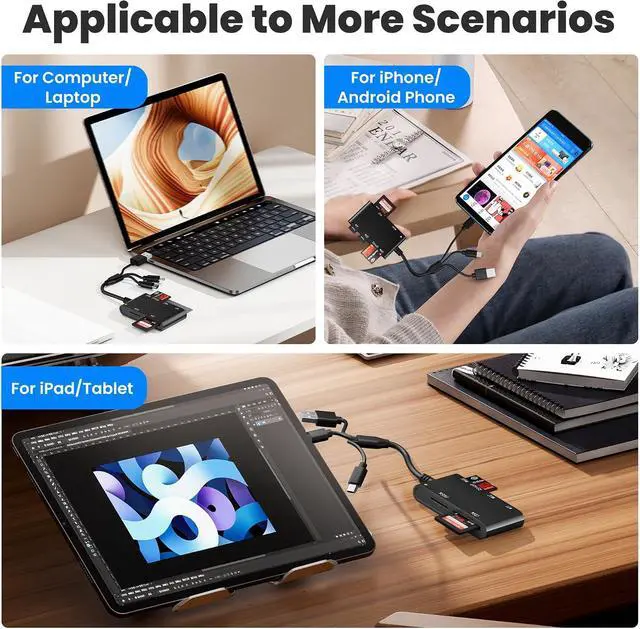 Alt view image 5 of 7 - 7 in 3 SIM Card Reader Smart Card Reader with USB C/USB A/Lightning Military CAC & PIV Card Reader SD/TF/M2/IC/MMC/Memory Stick Pro Duo Adapter for iPhone/Windows/Mac/Linux/Computer