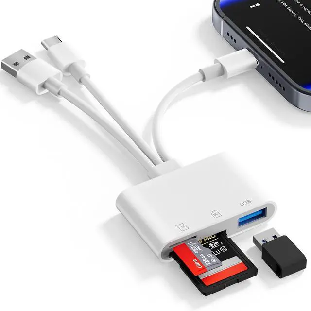 Main image of SD Card Reader for iPhone iPad Mac 3 in 1 Memory SD Card Adapter USB C & Lightning & USB-A Digital Camera Adapter to iPhone with SD/MicroSD/USB OTG Slots High-Speed Plug & Play for Computer Laptop