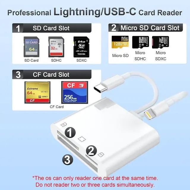 Alt view image 2 of 7 - SD/TF/CF Card Reader for iPhone/iPad 3 in 2 Lightning/USB C to SD/TF/CF Memory Card Reader Adapter iPhone Card Reader for iPhone/iPad/MacBook/ Digital Camera Adapter Reader Plug and Play