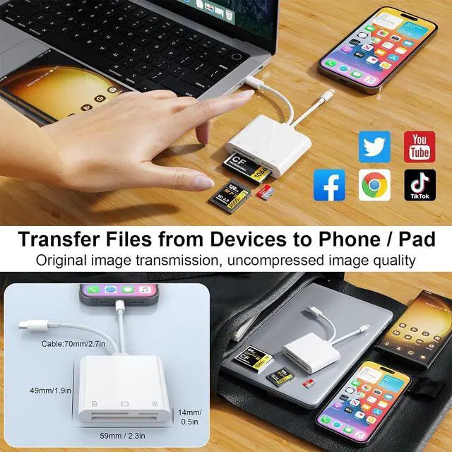 Alt view image 4 of 7 - SD/TF/CF Card Reader for iPhone/iPad 3 in 2 Lightning/USB C to SD/TF/CF Memory Card Reader Adapter iPhone Card Reader for iPhone/iPad/MacBook/ Digital Camera Adapter Reader Plug and Play