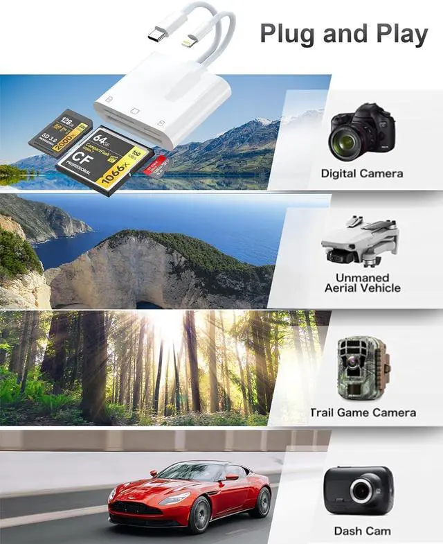 Alt view image 6 of 7 - SD/TF/CF Card Reader for iPhone/iPad 3 in 2 Lightning/USB C to SD/TF/CF Memory Card Reader Adapter iPhone Card Reader for iPhone/iPad/MacBook/ Digital Camera Adapter Reader Plug and Play