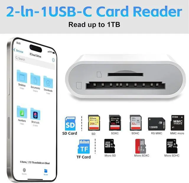 Alt view image 2 of 7 - USB C SD Card Reader for iPhone 17/16/15/iPad/MacBook/Mac USB-C Type C SD Reader 2 Slots Supports SD and MicroSD Memory Card Adapter Digital Camera Adapter Trail Viewer Plug and Play