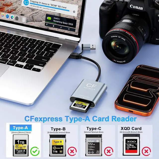 Alt view image 2 of 7 - CFexpress Type A Card Reader USB 3.2 Gen 2 10Gbps 2-in-1 USB-C & USB-A Adapter Portable CFexpress Type A Adapter for Windows/Mac/Linux/Android iPhone/iPad Laptops & Tablets