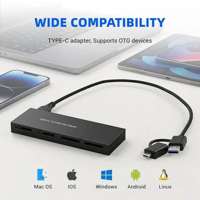 Alt view image 5 of 5 - 4-in-1 SD/Micro SD Card Reader Memory Card Adapter with USB-C & USB-A Ports Cable Simultaneous Read 4 Cards SD Card Viewer for Photographers and Content Creators