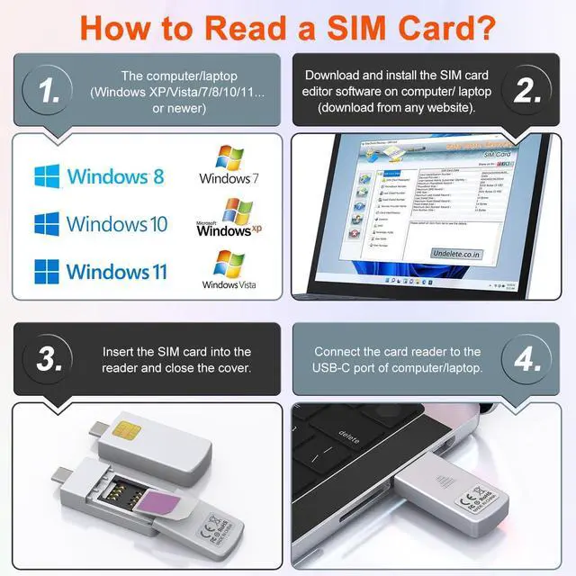 Alt view image 4 of 7 - Type-C SIM Card Reader - Nano Micro Standard SIM Card Adapter with Eject Pin for Windows PC Laptop Read Edit Copy Contacts SMS Messages Nano SIM Adapter Reader for SIM Memory Card Backup Management
