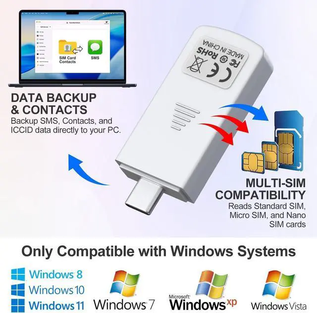 Alt view image 7 of 7 - Type-C SIM Card Reader - Nano Micro Standard SIM Card Adapter with Eject Pin for Windows PC Laptop Read Edit Copy Contacts SMS Messages Nano SIM Adapter Reader for SIM Memory Card Backup Management