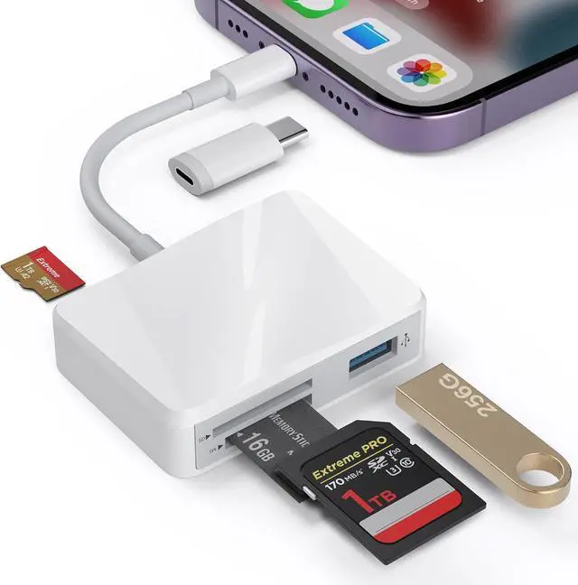 Main image of SD Card Reader for iPhone Memory Card Reader with USB-C to Lightning Adapter Plug and Play Trail Game Camera Micro SD Card Viewer Support SD/TF/MS Card and USB Port for iPad Mac No App(White)