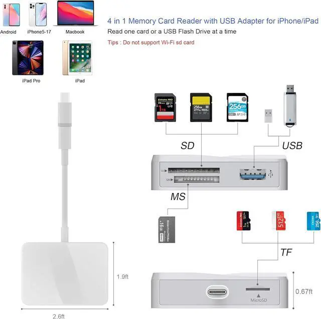 Alt view image 2 of 7 - SD Card Reader for iPhone Memory Card Reader with USB-C to Lightning Adapter Plug and Play Trail Game Camera Micro SD Card Viewer Support SD/TF/MS Card and USB Port for iPad Mac No App(White)