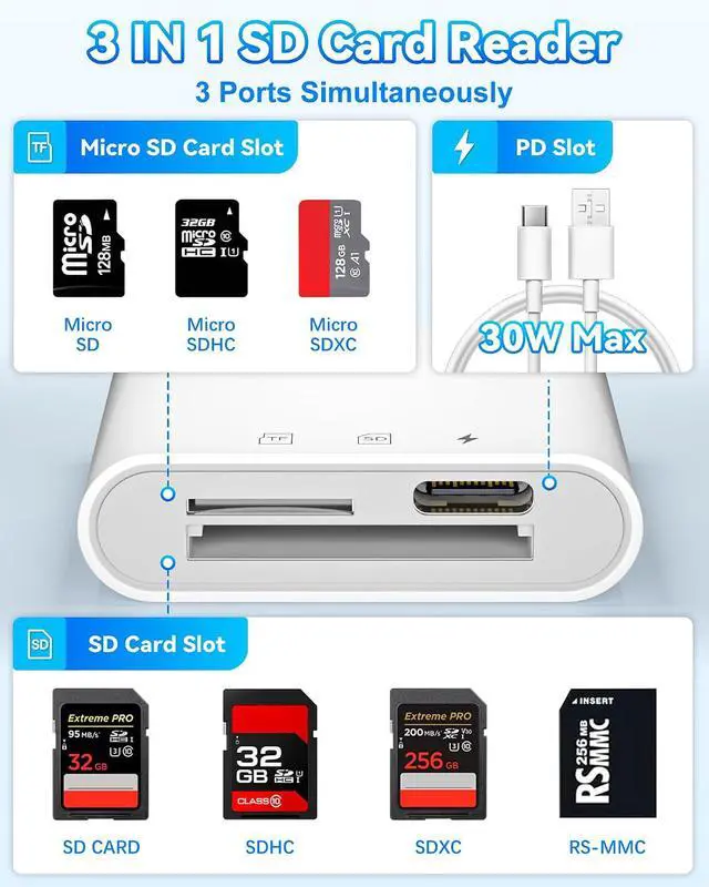 Alt view image 3 of 7 - USB-C SD Card Reader Dual Slot for SD and MicroSD Type C Adapter Compatible with iPhone 17/16/15 iPad Laptop Trail Camera Viewer Plug and Play (SD+TF+PD30W Charging)