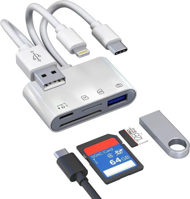 Main image of Digital Camera Photo Transfer to iPhone with Lightning/USB-C/A TF/SD Card Reader for iPhone with USB A/USB C Charge+Data Female Ports 4-in-1 OTG Adapter for Digital Camera Transfer & USB Flash Drive