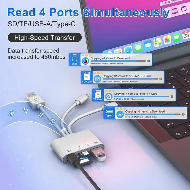 Alt view image 4 of 7 - Digital Camera Photo Transfer to iPhone with Lightning/USB-C/A TF/SD Card Reader for iPhone with USB A/USB C Charge+Data Female Ports 4-in-1 OTG Adapter for Digital Camera Transfer & USB Flash Drive