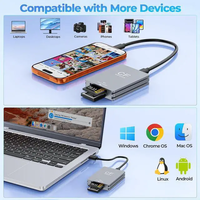 Alt view image 5 of 7 - CFexpress Type A Card Reader Dual-Slot CFexpress Type A & SD Card Reader USB-C 3.2 Gen 2 10Gbps Aluminum Memory Card Reader for SD UHS-II/UHS-I Photo & Video Offload