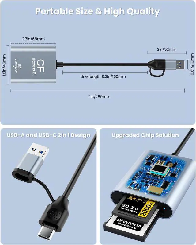 Alt view image 6 of 7 - Professional CFexpress Type B & SD Card Reader with USB 3.2 (Gen 2) 10Gbps USB-C&USB-A 2-in-1 Type B SD Dual Slot CF Express Adapter UHS-II/UHS-I Aluminum Alloy Memory Card Reader for Photographers