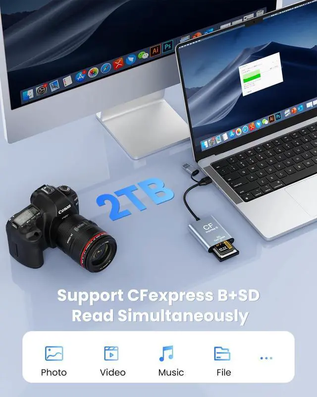 Alt view image 5 of 7 - Professional CFexpress Type B & SD Card Reader with USB 3.2 (Gen 2) 10Gbps USB-C&USB-A 2-in-1 Type B SD Dual Slot CF Express Adapter UHS-II/UHS-I Aluminum Alloy Memory Card Reader for Photographers