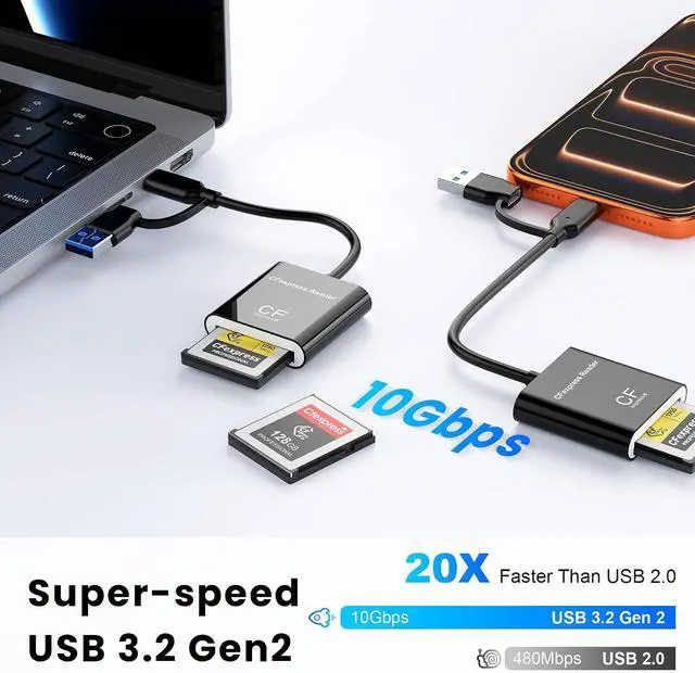 Alt view image 3 of 7 - CFexpress Type B Card Reader with USB 3.2 (Gen 2) 10Gbps USB-C&USB-A 2-in-1 Type B CFexpress Adapter Compatible with Windows/Mac/Linux/Android for PC iPhone 17/16/15 Laptops Tablets Smartphones