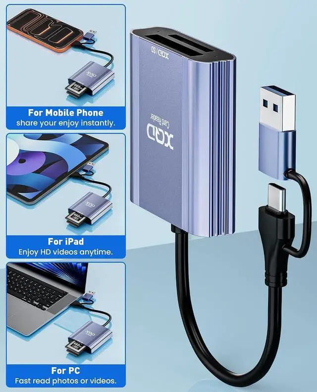 Alt view image 5 of 7 - XQD Card Reader - 2 in 1 XQD SD Memory Card Adapter with USB-C/USB-A 5Gbps Aluminum XQD Reader for iPhone 17/16/15 Windows/MacOS/Android Sony G/M Series Lexar 2933x/1400x XQD and SD Card Reader