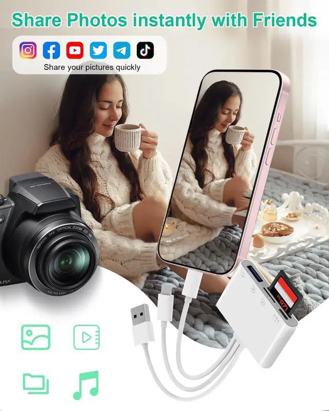 Alt view image 4 of 7 - 4 in 1 OTG Adapter SD Card Reader - Triple USB-C/Lightning/USB Memory Card Reader Lightning to USB Camera Adapter with SD/TF Card Slots USB Flash Drive Slot Type-C Port for Data & Charging & Audio