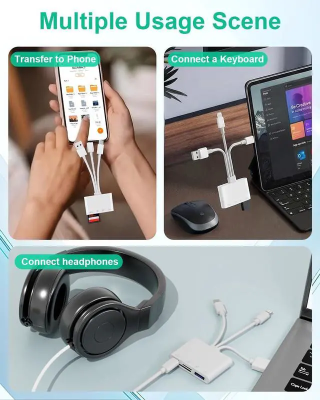 Alt view image 5 of 7 - 4 in 1 OTG Adapter SD Card Reader - Triple USB-C/Lightning/USB Memory Card Reader Lightning to USB Camera Adapter with SD/TF Card Slots USB Flash Drive Slot Type-C Port for Data & Charging & Audio