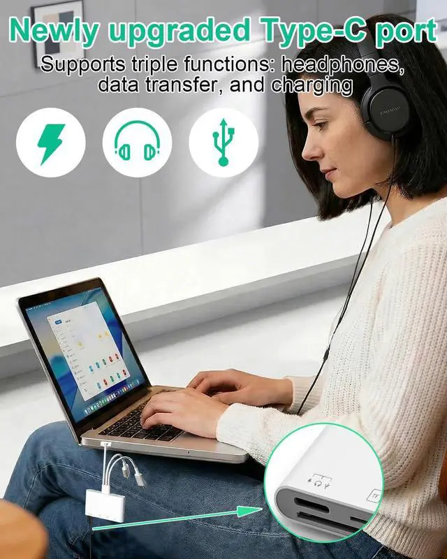 Alt view image 6 of 7 - 4 in 1 OTG Adapter SD Card Reader - Triple USB-C/Lightning/USB Memory Card Reader Lightning to USB Camera Adapter with SD/TF Card Slots USB Flash Drive Slot Type-C Port for Data & Charging & Audio