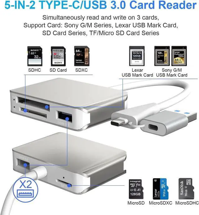 Alt view image 2 of 7 - XQD Card Reader USB 3.0/USB C to XQD/SD/TF Card Reader 5 in 2 USB 3.0 Card Adapter Read 3 Cards for SD(HC/XC) TF Sony G Series Lexar USB Mark Card Compatible for USB A/USB-C Laptop