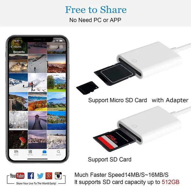 Alt view image 7 of 7 - MFi Certified Lightning to SD Card Camera Reader for iPhone iPad | SD Card Reader Memory Card Reader Trail Camera Viewer SD Card Adapter for iPhone 14 13 12 11 XS XR X 8 Plug and Play
