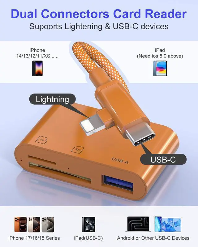 Alt view image 3 of 7 - SD Card Reader for iPhone 17/16/15/14/iPad - Type C/Lightening 2 in 1 High Speed to SD/TF Card Adapter with SD MicroSD USB Port Plug and Play Trail Game Digital Camera Adapter SD Memory Card Reader